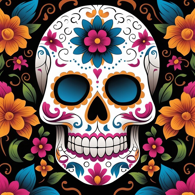 un cráneo colorido con flores y un cráneo en él