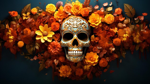 Foto un cráneo colorido hecho con flores y otras decoraciones para celebrar el día de los muertos