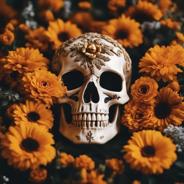 Cráneo en corona de flores de caléndula Fondo de pantalla de primer plano del altar del Día de los Muertos