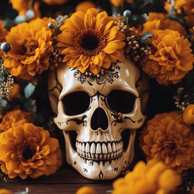Cráneo en corona de flores de caléndula Fondo de pantalla de primer plano del altar del Día de los Muertos