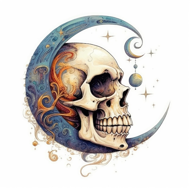 cráneo cosmos acuarela diseño tatuaje clipart acuarela magia misterio pastel suave aislado