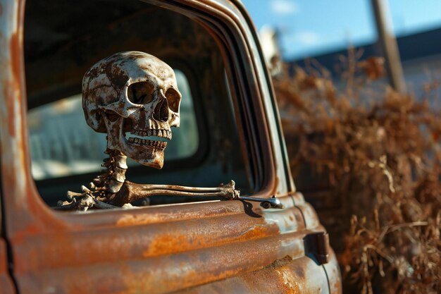 Cráneo en el costado de un coche oxidado Closeup