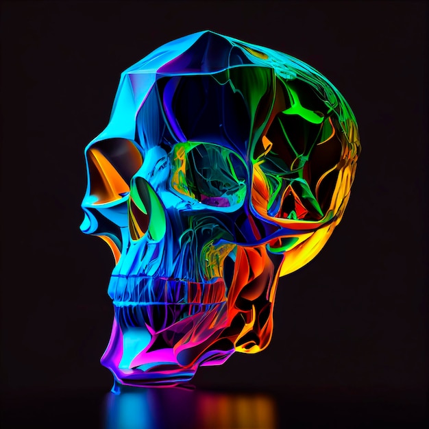 Cráneo de cristal colorido, representación 3d, fondo oscuro