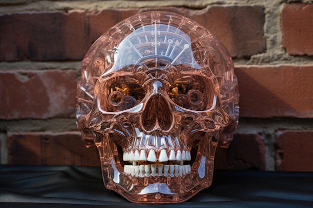 Foto cráneo de cristal con engranajes de reloj en el interior contra una pared de ladrillo
