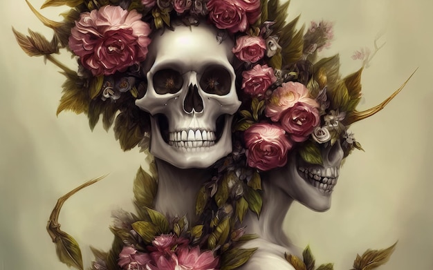 Cráneo cubierto de flores para el día de los muertos festival mexicano ilustración creativa