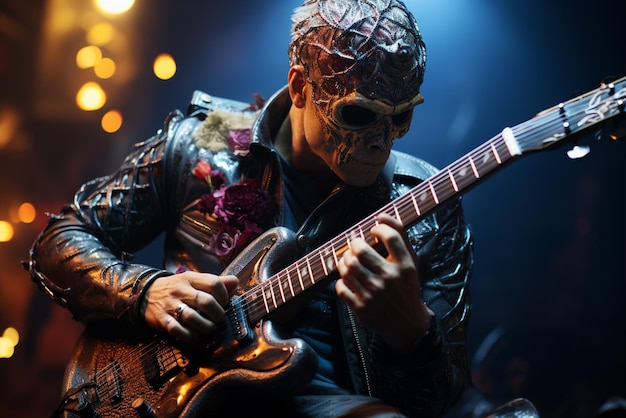 Cráneo de Cyborg realista tocando una guitarra futurista en un fondo oscuro con luces de velas