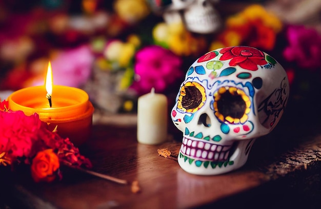 Cráneo decorado con flores de fondo y una veladora encendida, temática día de muertos en México