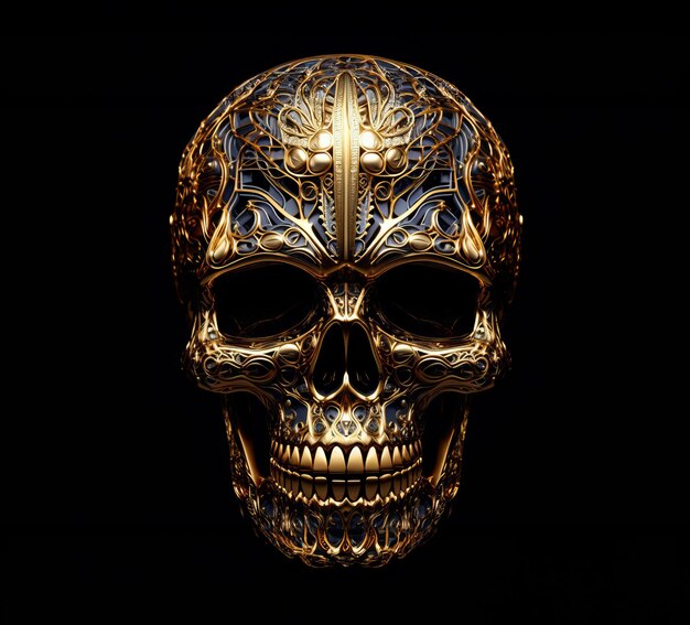 Cráneo detallado con patrones dorados sobre un fondo oscuro