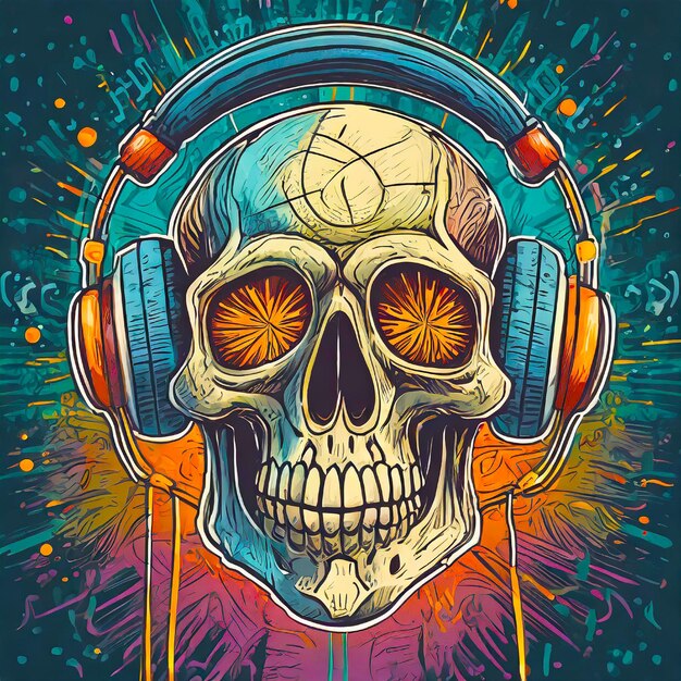 Cráneo dibujado a mano escuchando música en auriculares cabeza muerta vintage en fondo de color oscuro