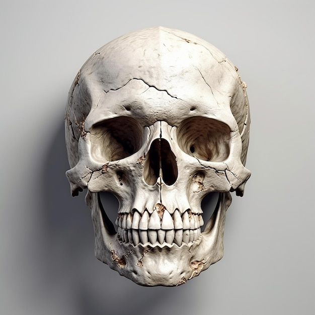Un cráneo sin dientes está sobre un fondo gris.