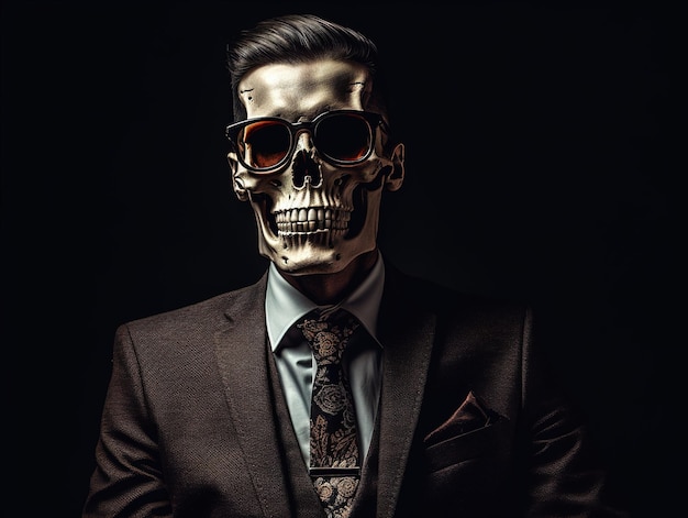 Cráneo con esqueleto en un traje de negocios sobre un fondo negro