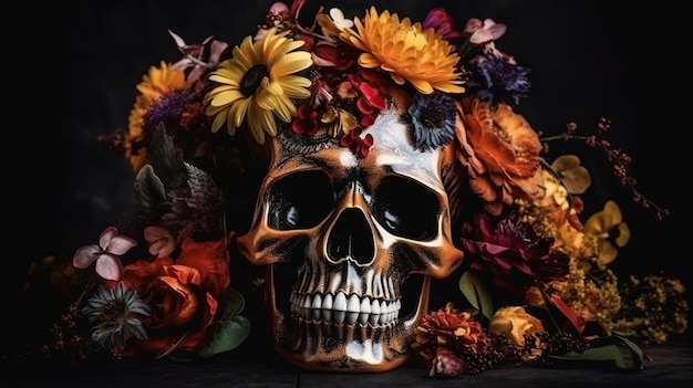 El cráneo está decorado con flores generadas por IA