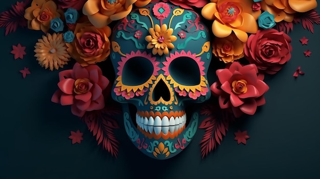 Cráneo y flor cortados en papel en un fondo mexicano del día de los muertos