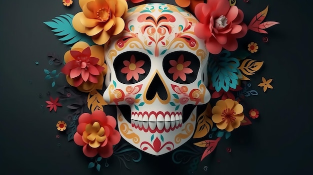 Cráneo y flor cortados en papel en un fondo mexicano del día de los muertos
