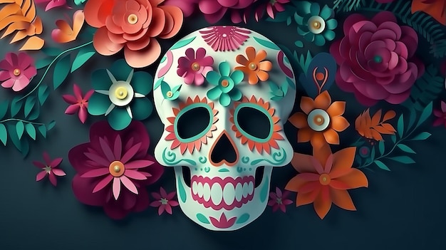 Cráneo y flor cortados en papel en un fondo mexicano del día de los muertos