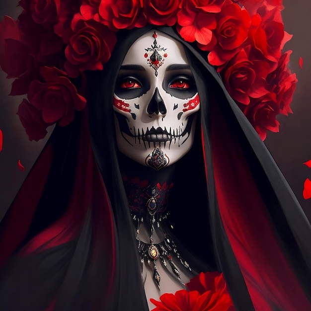 Un cráneo con una flor roja en él está cubierto de rosas rojas.