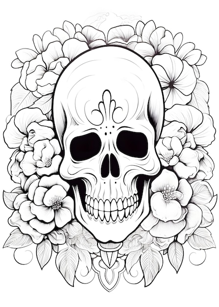 Foto cráneo floral página para colorear contorno de calavera de azúcar página de colorear cráneo con flores arte de línea para página de colorear libro de colorear calavera páginas de colorear cráneo ai generativo