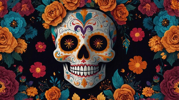 un cráneo con flores y un cráneo