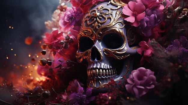 Cráneo y flores Día de los Muertos IA generativa