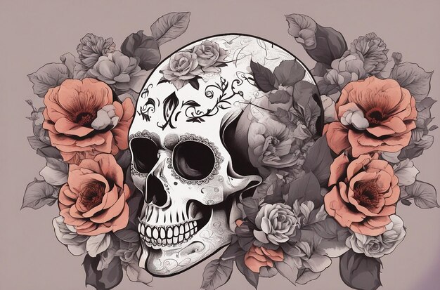 Cráneo y flores Día de los Muertos Ilustración vintage Diseño de tatuaje elegante estilo gótico boho d