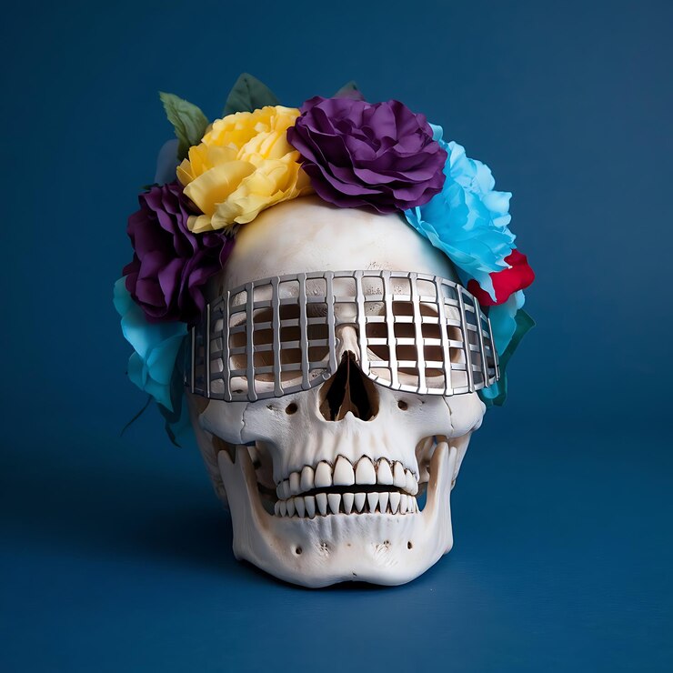 un cráneo con flores en él está hecho por un cráneo