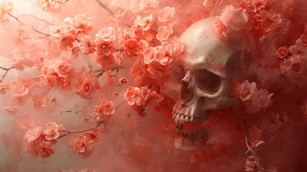 Un cráneo con flores en un fondo rosado y brumoso