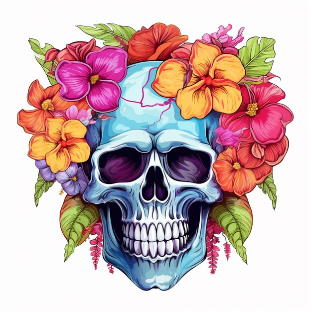 cráneo con flores y hojas en la cabeza generativo ai