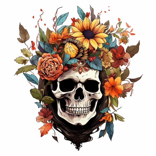 cráneo con flores y hojas en su cabello generativo ai