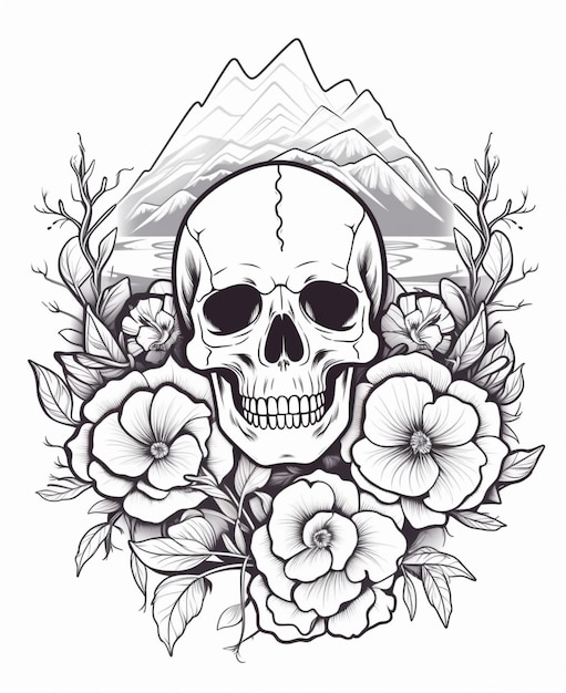 un cráneo y flores con montañas en el fondo generativo ai