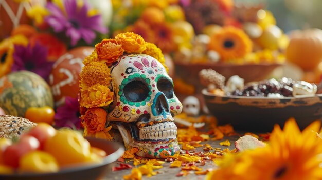 Cráneo con flores que llevan velas en su cabeza Día de los Muertos