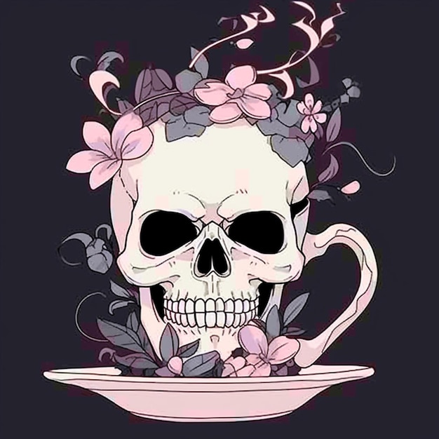 cráneo con flores en una taza de té generativo ai