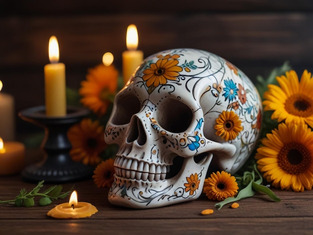 Foto un cráneo con flores y una vela en él