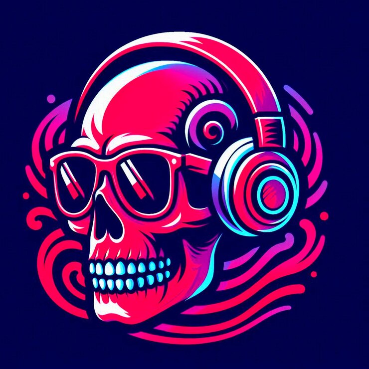 Foto un cráneo con gafas y un par de auriculares en él
