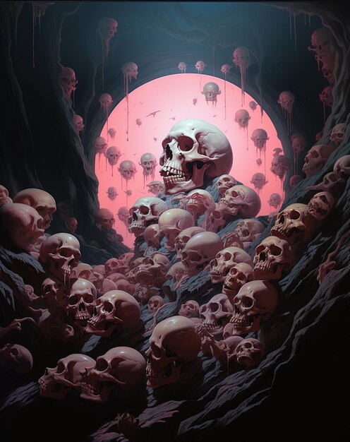 un cráneo y huesos están en exhibición en una cueva
