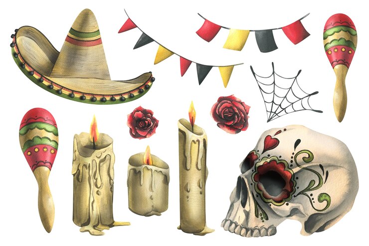 Foto cráneo humano con adorno dibujado con sombrero sombrero maracas velas bandera guirnaldas ilustración acuarela dibujada a mano para el día de halloween de los muertos día de los muertos conjunto de elementos aislados
