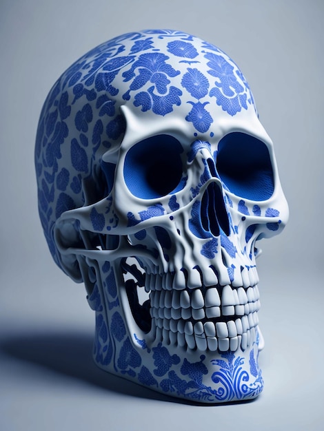 Cráneo humano blanco con color Delft alrededor del cráneo