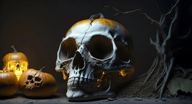 un cráneo humano con la cabeza de A Jack O' Lantern sentado en una silla