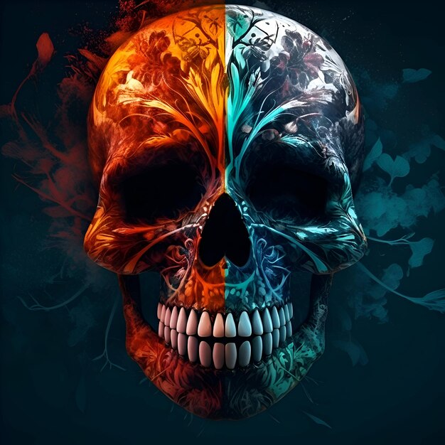 Cráneo humano con colorido adorno floral sobre fondo oscuro Ilustración vectorial