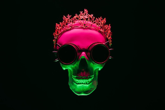 Cráneo humano en una corona y gafas steampunk con luz de neón verde rosa