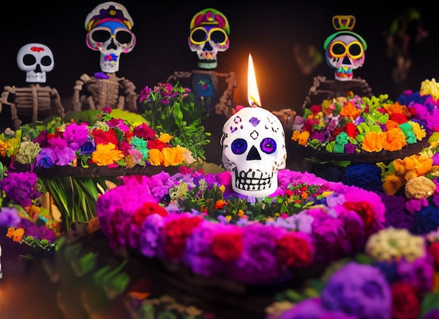 Cráneo humano decorado con velas y flores Concepto del día de los muertos