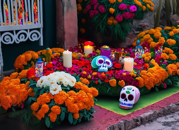 Cráneo humano decorado con velas y flores Concepto del día de los muertos