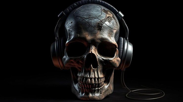Cráneo humano escuchando música con auriculares sobre fondo negro generativo ai