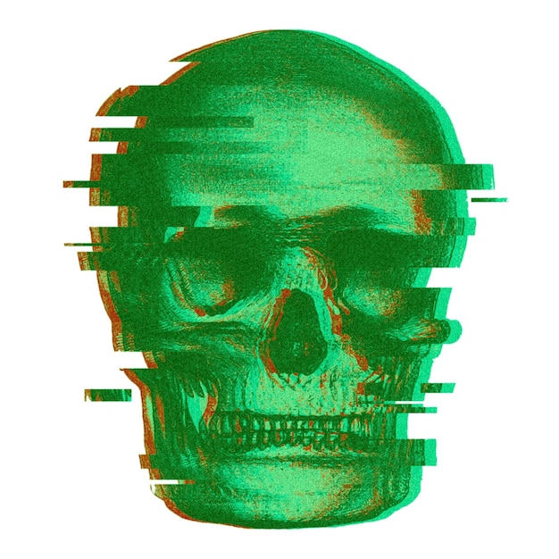 Cráneo humano con fallas diseño png verde fondo transparente