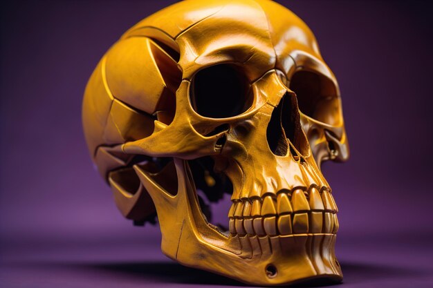 Foto cráneo humano en fondo de color sólido concepto de halloween de primer plano ai generativo