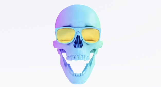 Cráneo humano con gafas de sol de colores sobre fondo blanco, 3D Render