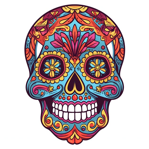 Cráneo humano grande y colorido pintado para el día de los muertos y fondo blanco aislado de halloween