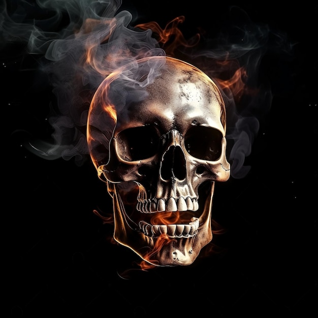 Cráneo humano en llamas con humo sobre fondo negro IA generativa