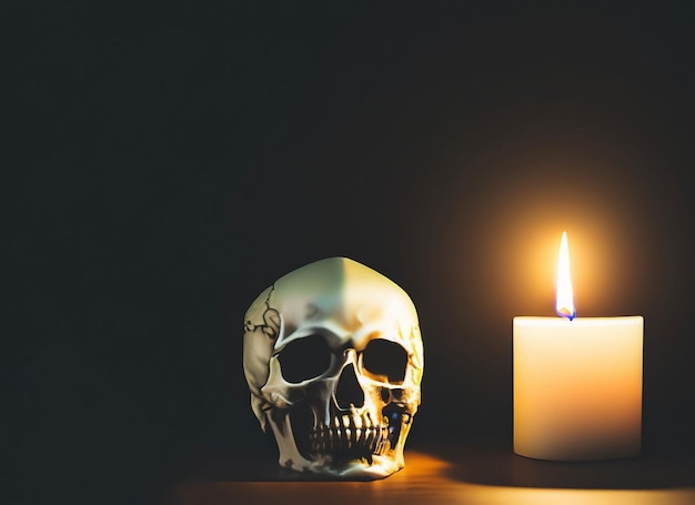 Cráneo humano con luz de vela en mesa de madera en el fondo oscuro