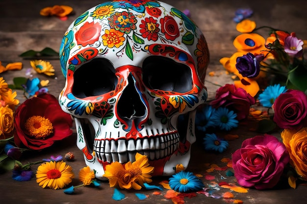 Cráneo humano pintado para el Día de los Muertos de México El Dia de Muertos flores
