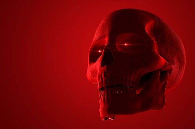 Un cráneo humano rojo sobre un fondo rojo Concepto demonio infierno posesión fantasma Satanás diablo tentación Copiar espacio Representación 3D Ilustración 3D